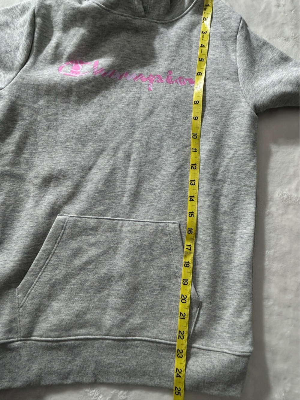 Champion Light Gray Hoodie with Pink Script Logo Kangaroo Pocket Size 16 - Picture 9 of 9